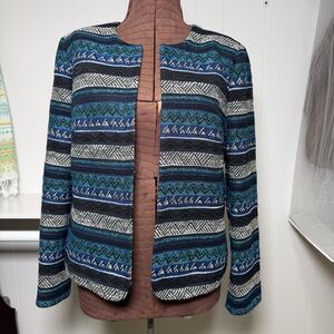 Tahari ASL Black/Blue Women's Jacquard Flyaway Open Front Blazer Size 12